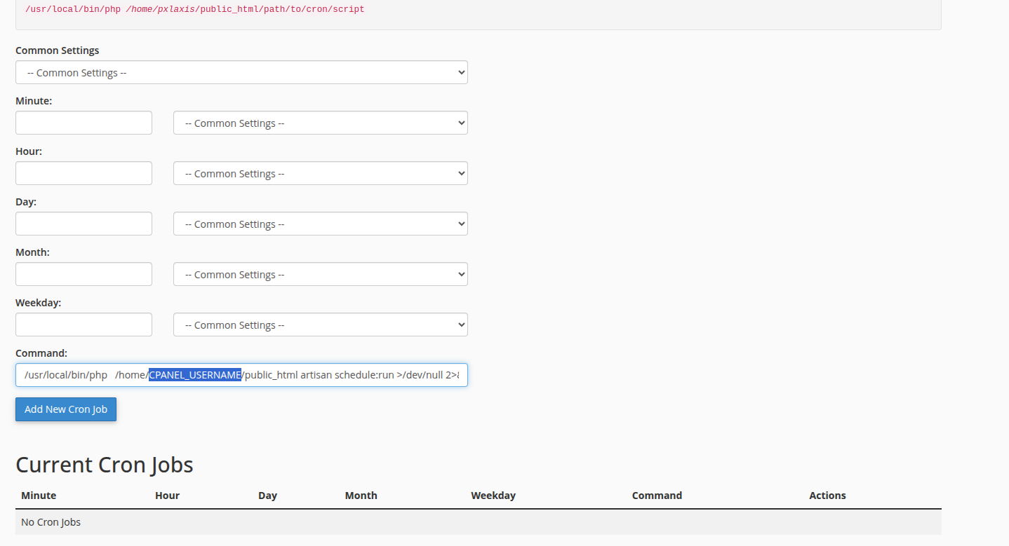cPanel Cron Jobs form: schedule fields and the command input with the artisan schedule:run command.