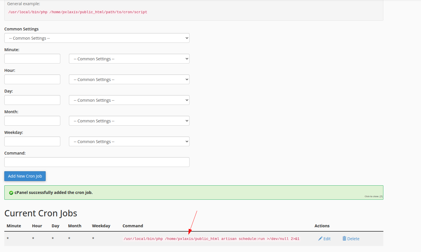 cPanel confirmation: cron job successfully added and listed under Current Cron Jobs.