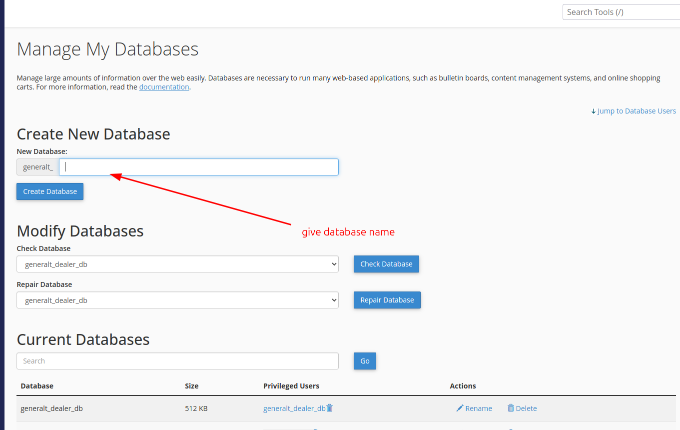 Create New Database form: enter a database name and click Create Database.