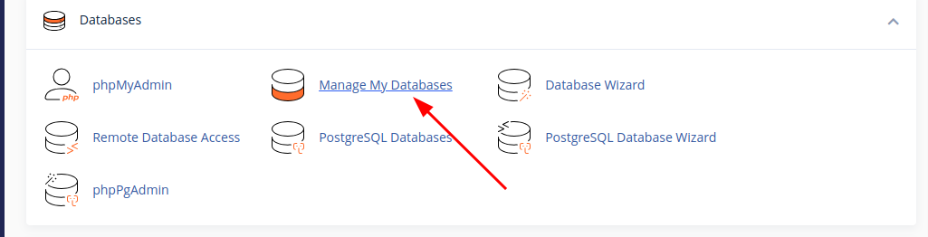 cPanel home: open Manage My Databases under the Databases group.