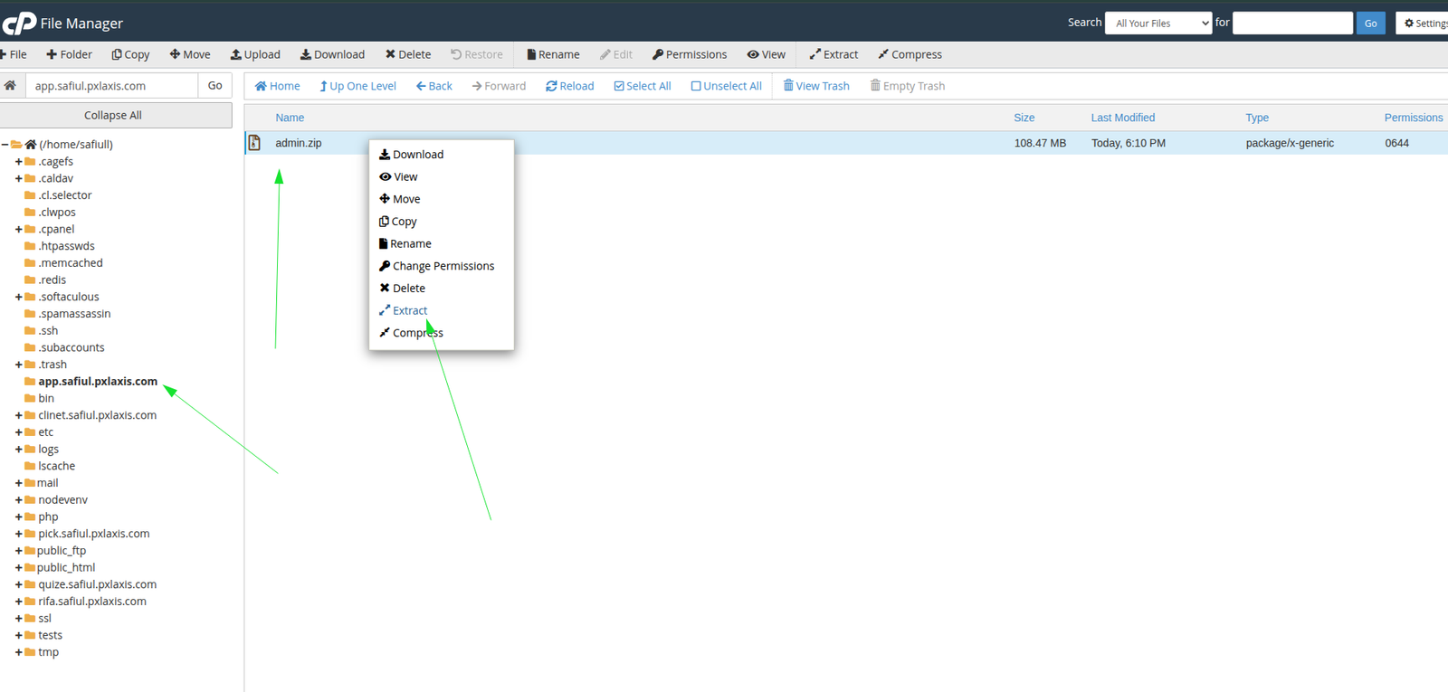 File Manager: right-click the uploaded zip and choose Extract.