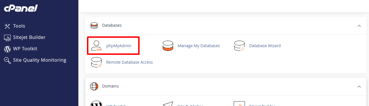 cPanel home: open phpMyAdmin under the Databases group.
