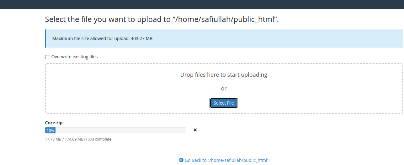 cPanel upload screen with the zip file uploading.